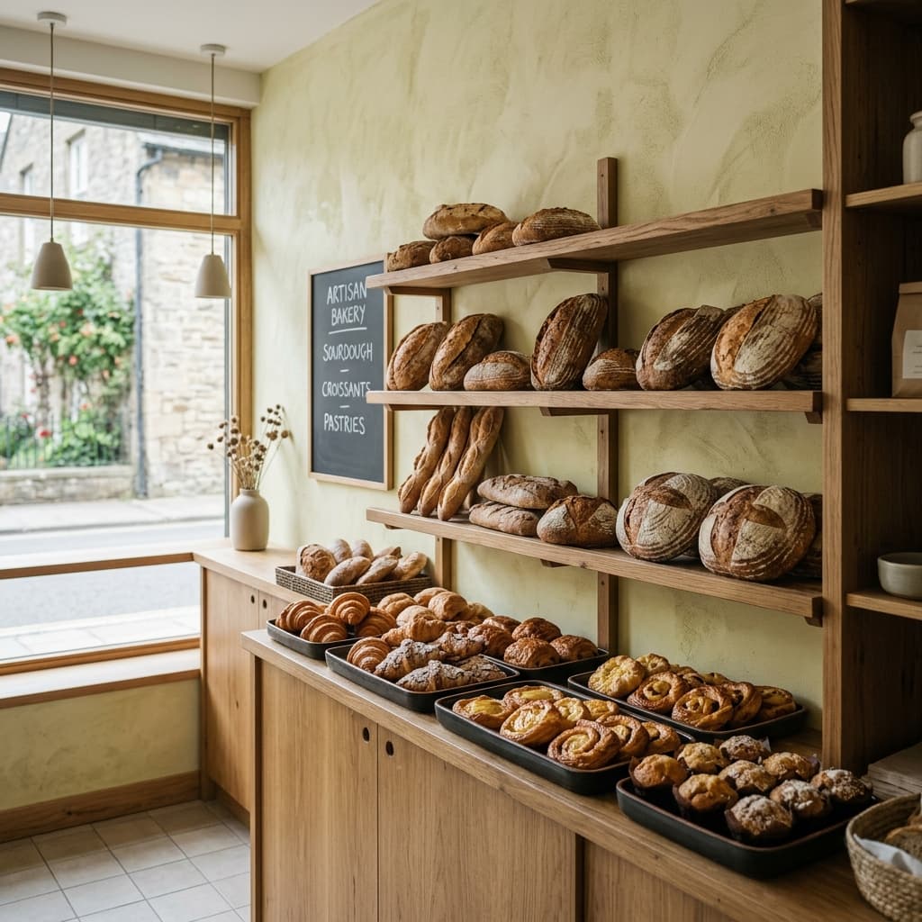 Frisches Brot und Brötchen in einer Bäckerei-Theke