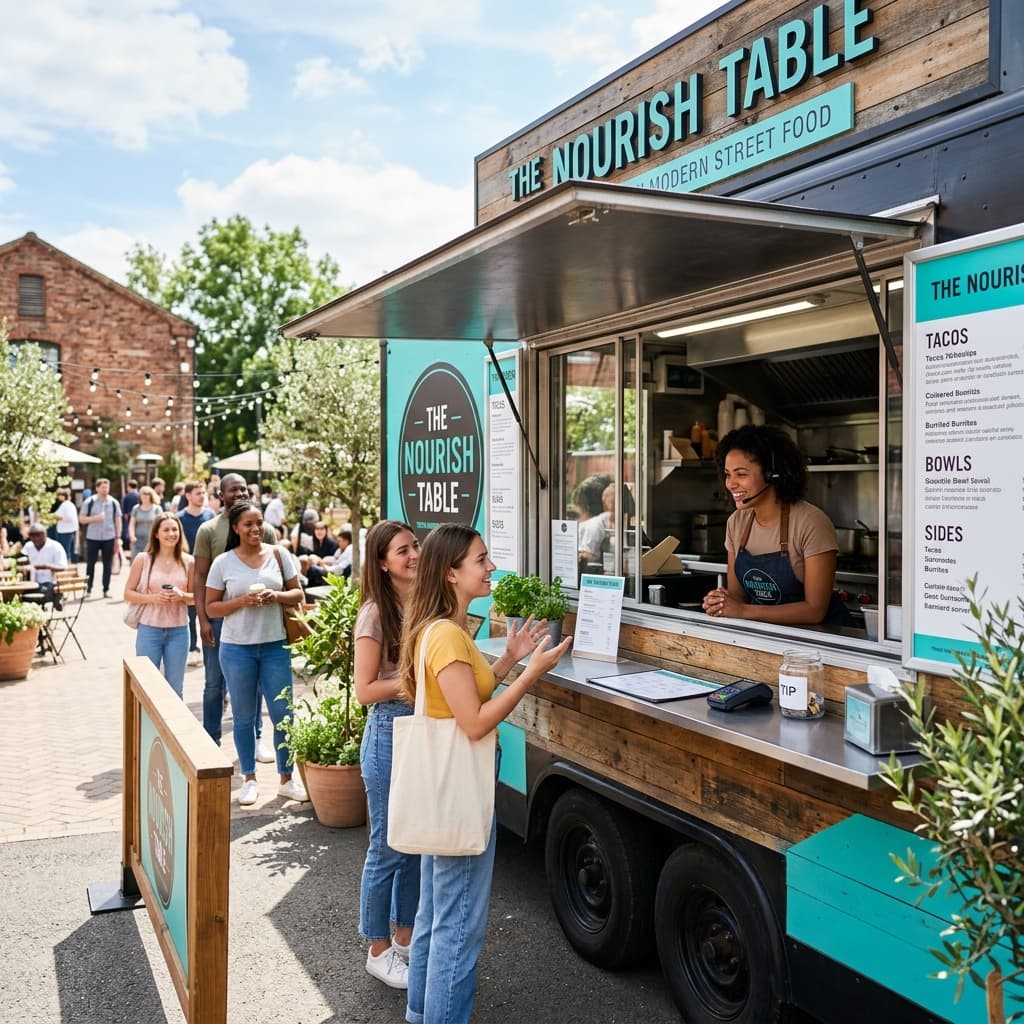 Foodtruck serviert Essen bei Sonnenschein