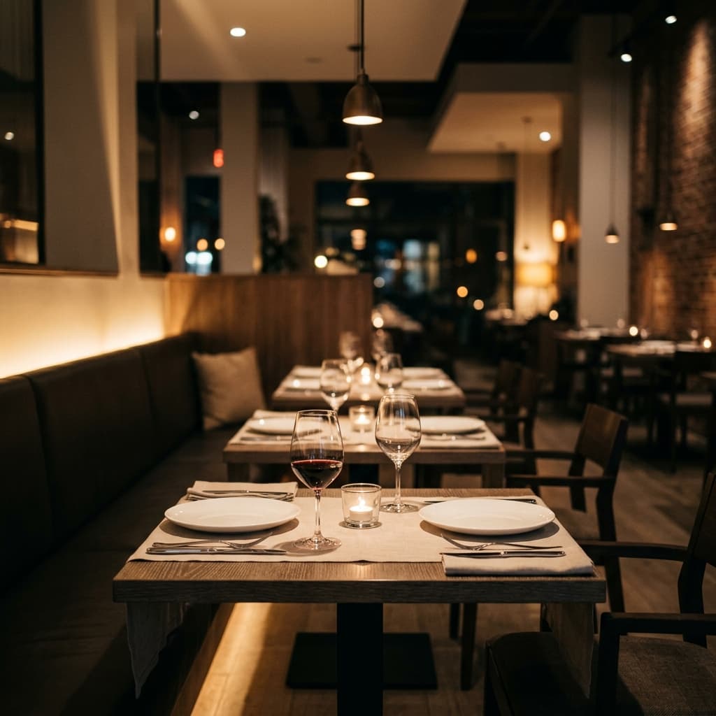 Restaurant-Lokal mit gedeckten Tischen und Kerzenlicht