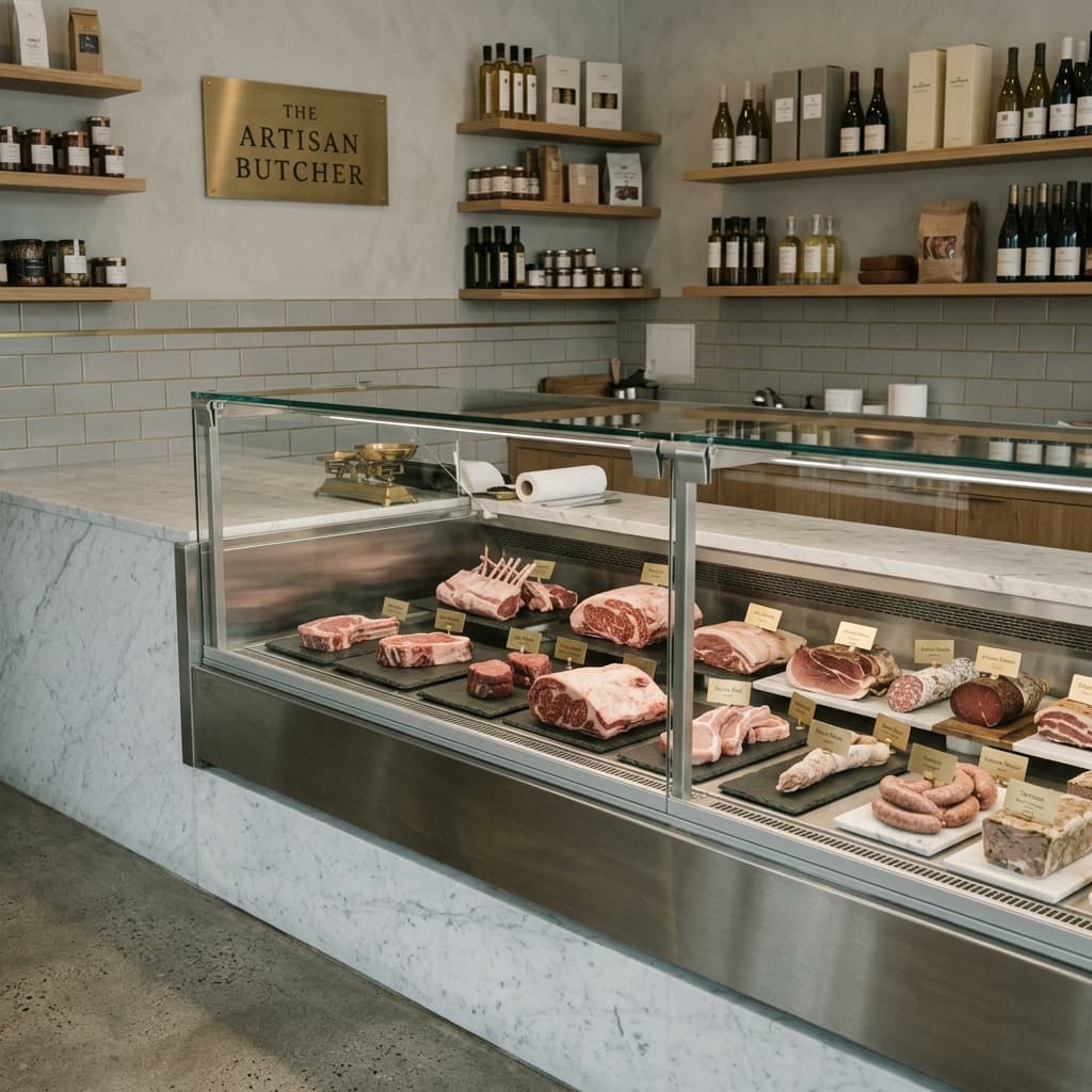 Metzgerei-Theke mit frischen Fleisch- und Wurstwaren